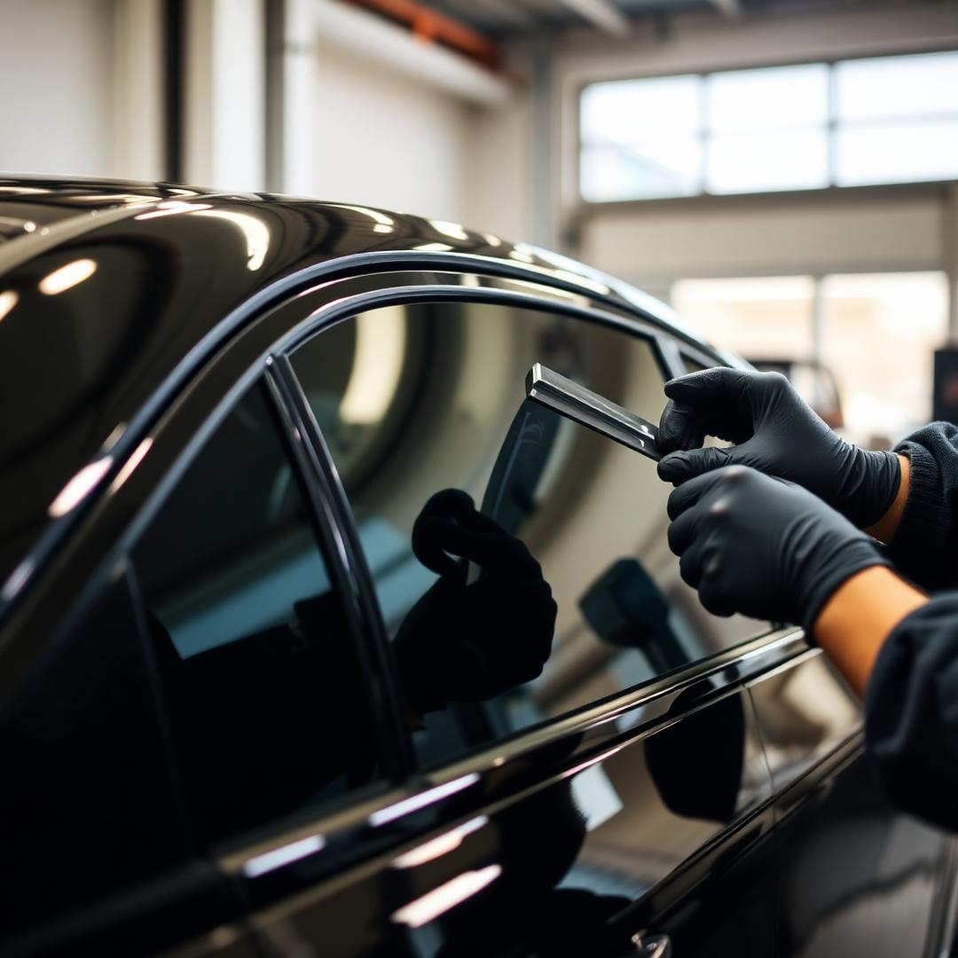 Window tint being installed on a luxury sedan