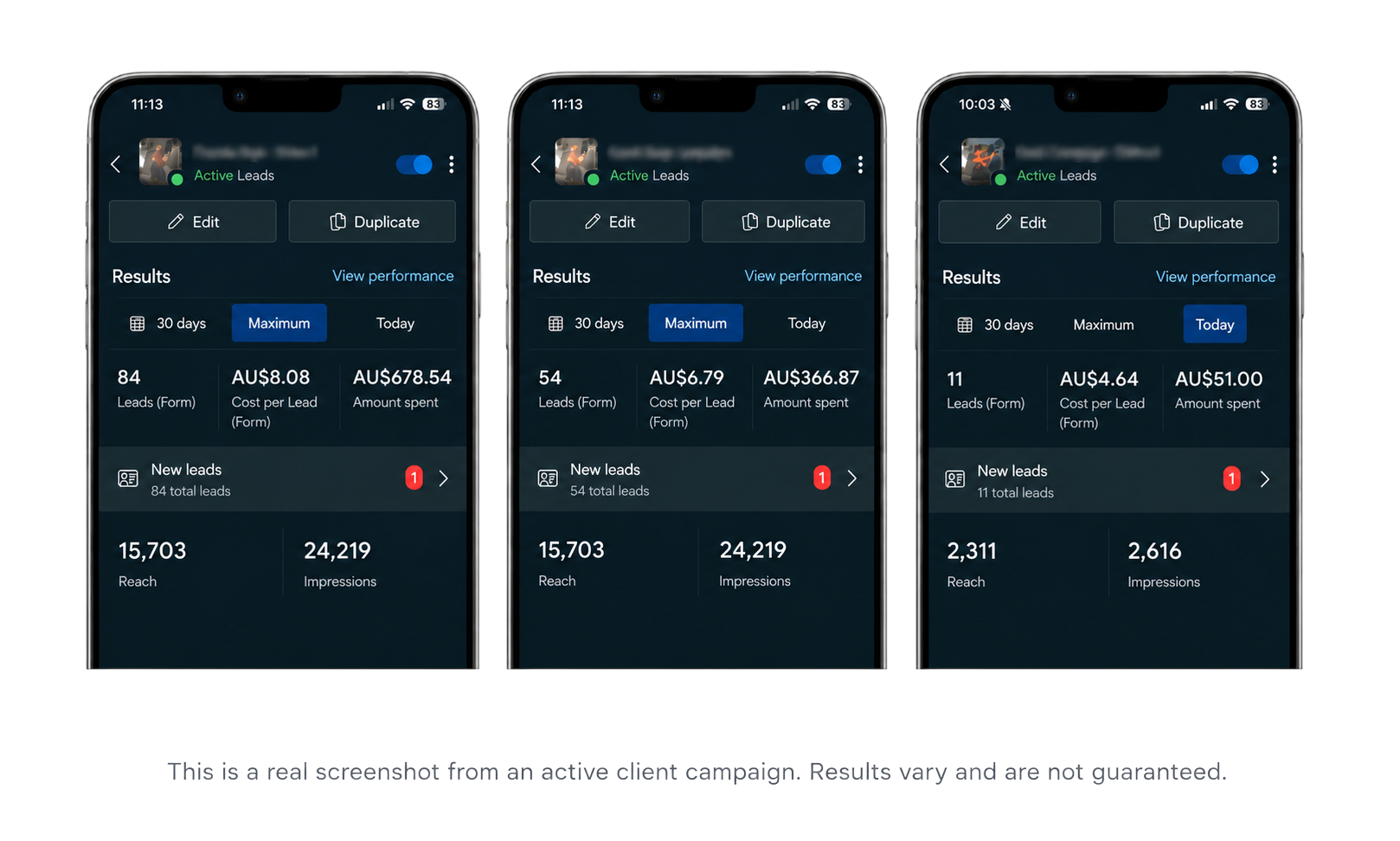 Real screenshots from active Meta Ads client campaigns showing leads, cost per lead, spend, reach and impressions