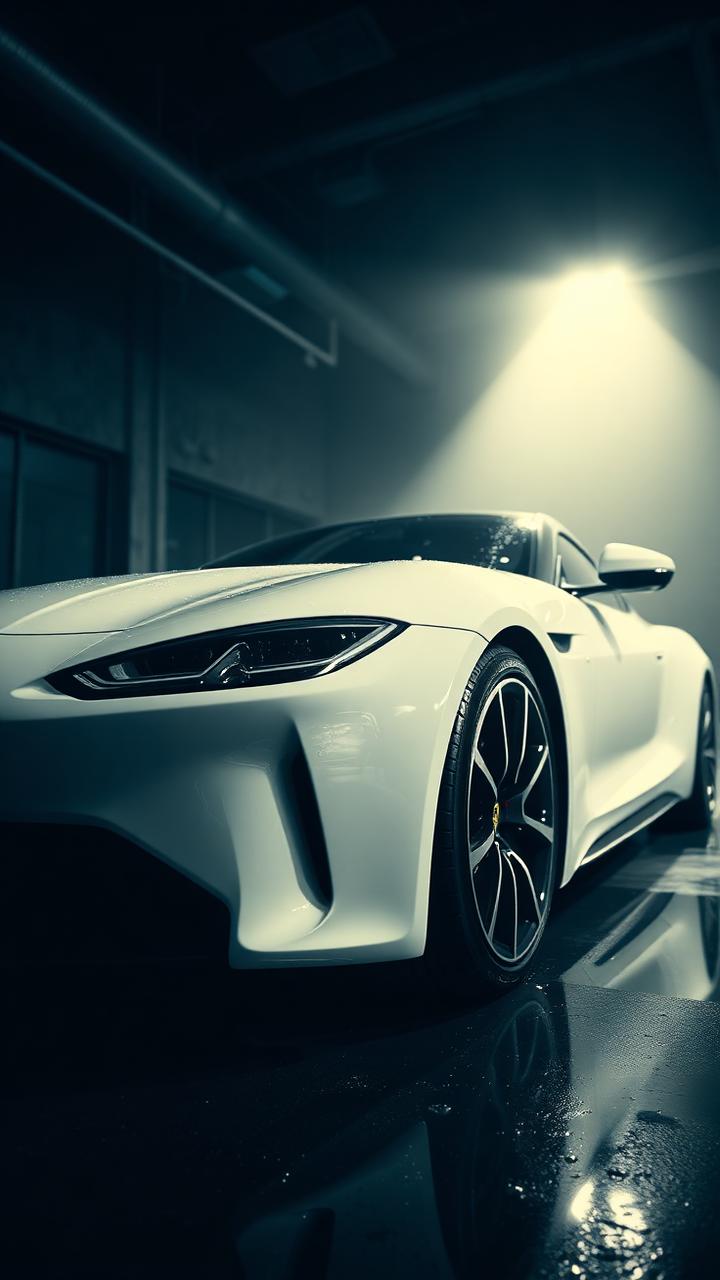 Cinematic white luxury coupe in a premium showroom