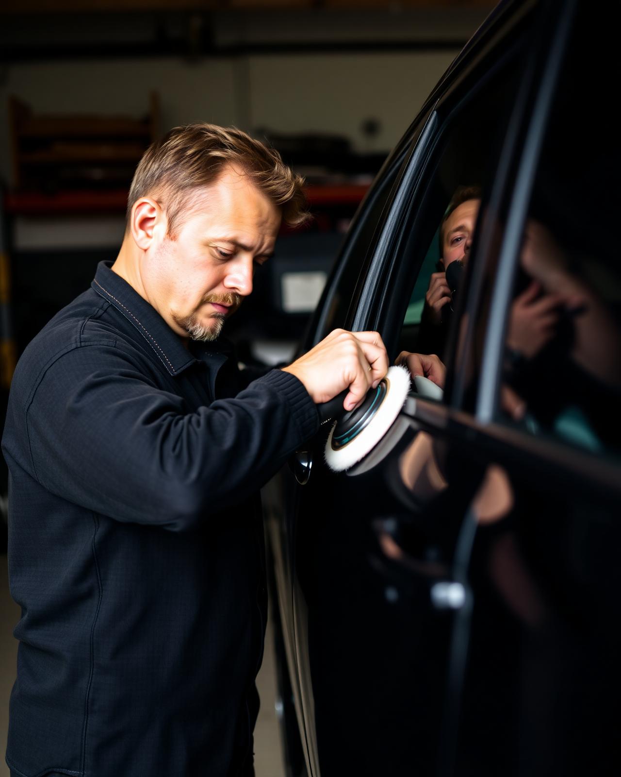 A car detailer polishing a vehicle in his workshop