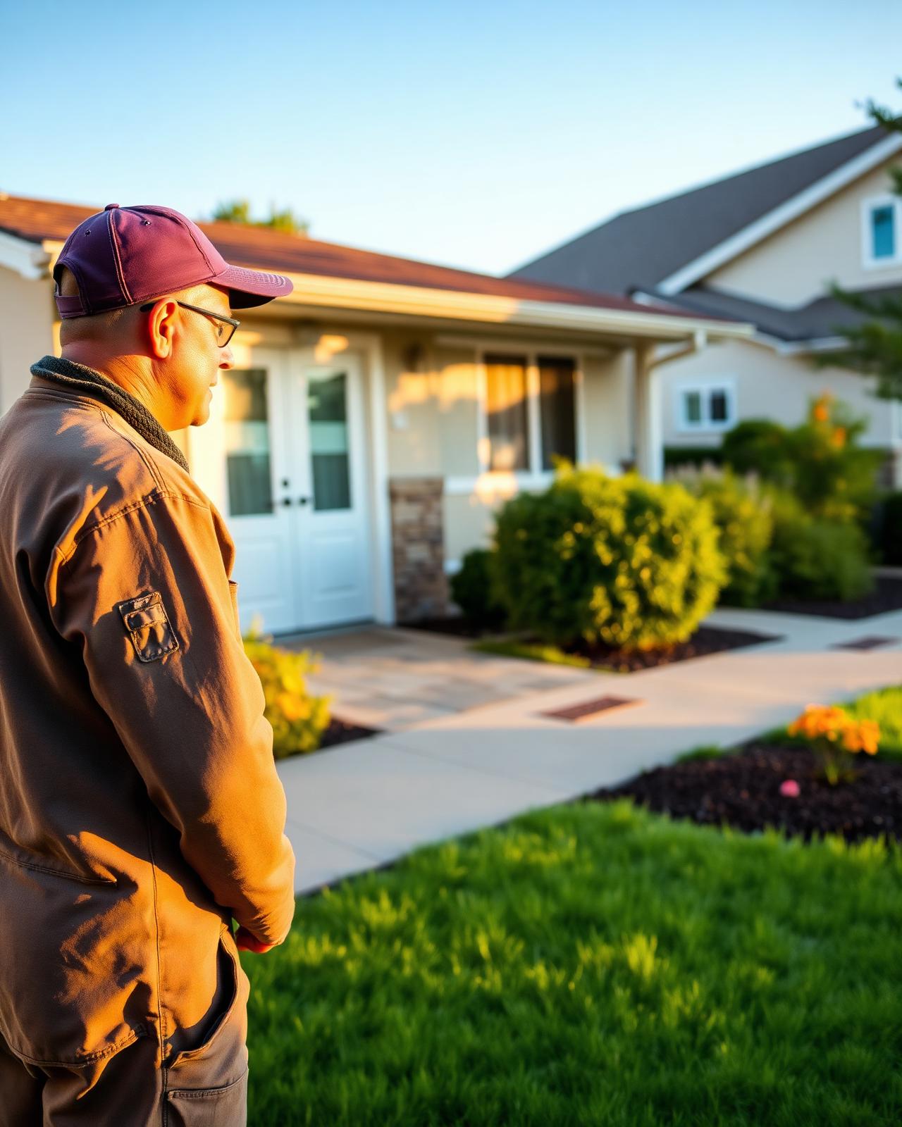 A landscaper speaking with a customer in a front garden